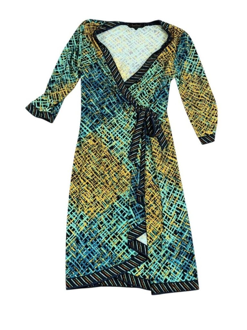 BCBGMAXAZRIA Petites Multicolor Abstract Print Wrap Dress 3/4 Sleeves MP